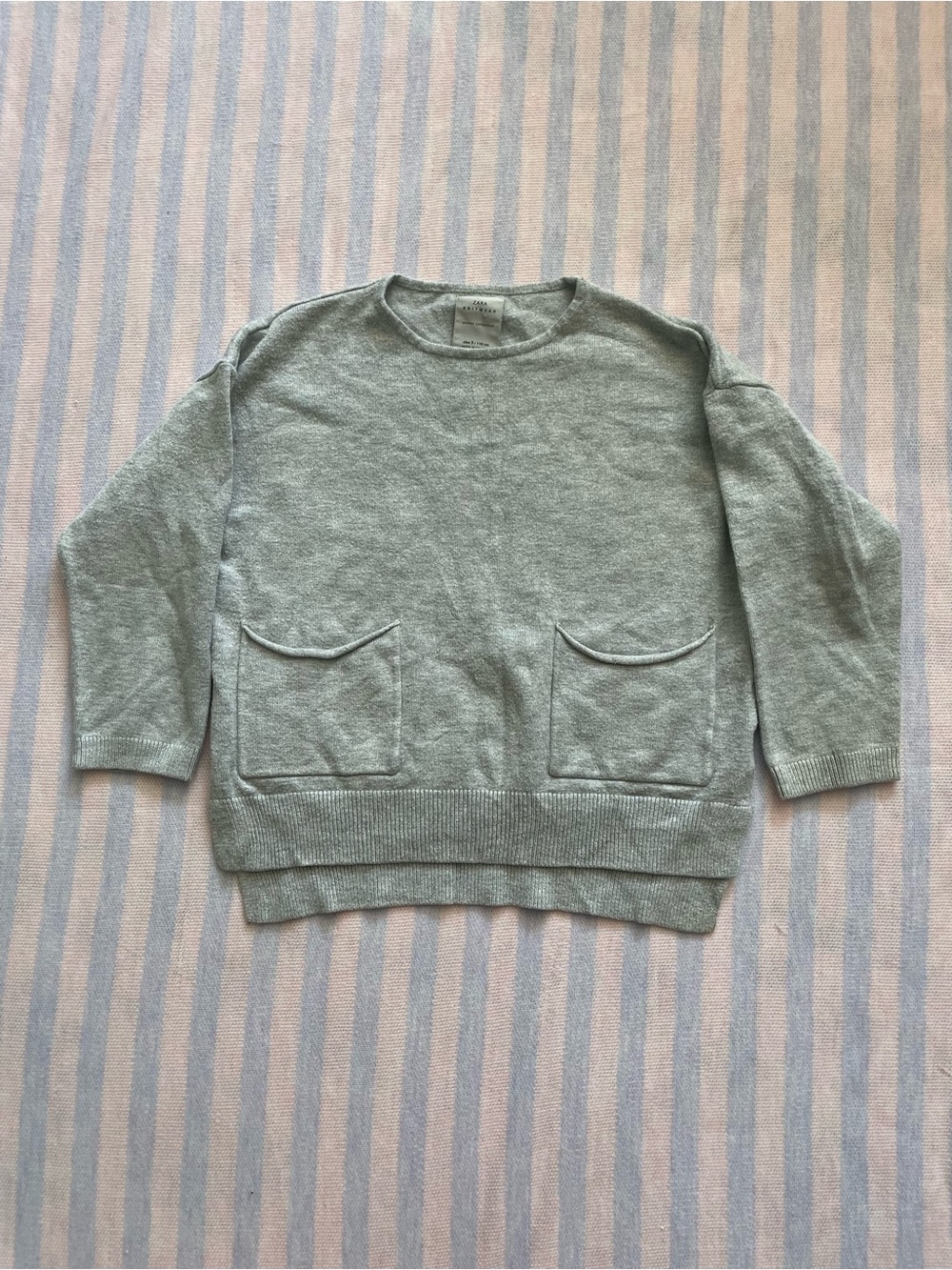 Zara Light grey Green soft knit unisex Crewneck Sweater with Front Pockets